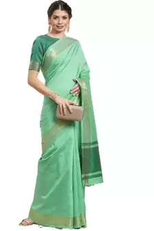 Green plain cotton silk saree with blouse