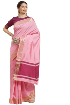 Pink plain cotton silk saree with blouse