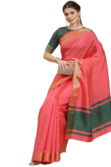Pink plain cotton silk saree with blouse