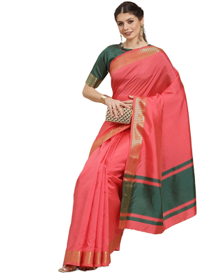 Pink plain cotton silk saree with blouse 2