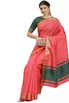 Pink plain cotton silk saree with blouse