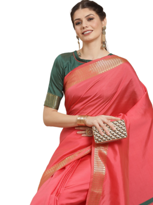 Pink plain cotton silk saree with blouse 7