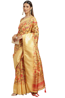 Yellow printed banarasi silk saree with blouse
