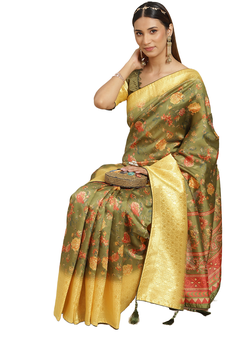 Green printed banarasi silk saree with blouse