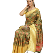 Green printed banarasi silk saree with blouse