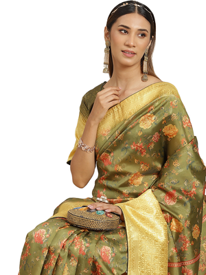 Green printed banarasi silk saree with blouse 3