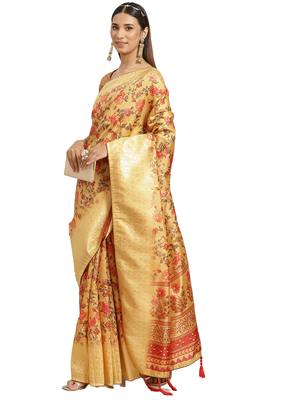 Yellow printed banarasi silk saree with blouse 2