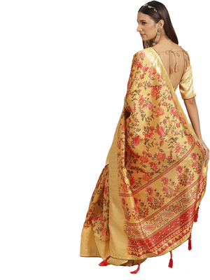 Yellow printed banarasi silk saree with blouse 7