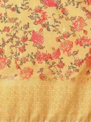 Yellow printed banarasi silk saree with blouse 8