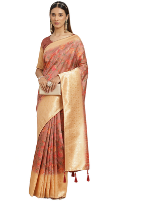 pink printed banarasi silk blend saree with blouse 1