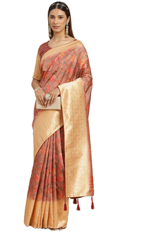 Pink printed banarasi silk saree with blouse
