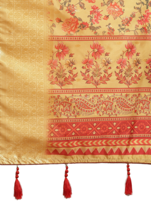 Yellow printed banarasi silk saree with blouse 9