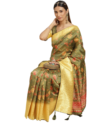 Green printed banarasi silk saree with blouse 2