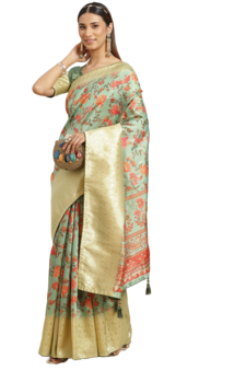Sky blue printed banarasi silk saree with blouse