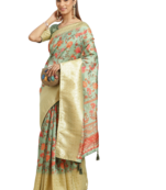 Sky blue printed banarasi silk saree with blouse
