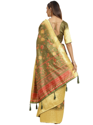 Green printed banarasi silk saree with blouse 8