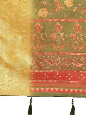 Green printed banarasi silk saree with blouse 10