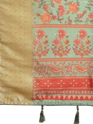Sky blue printed banarasi silk saree with blouse 5
