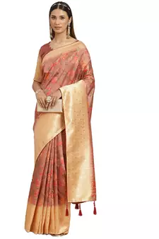 Pink printed banarasi silk saree with blouse