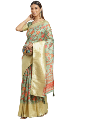 Sky blue printed banarasi silk saree with blouse 2