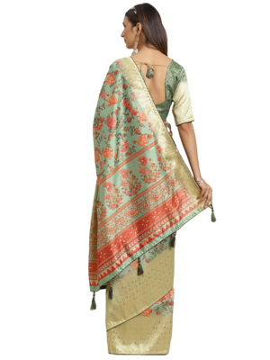 Sky blue printed banarasi silk saree with blouse 7