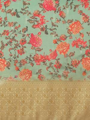 Sky blue printed banarasi silk saree with blouse 8