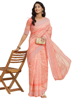 Pink printed linen saree with blouse 1