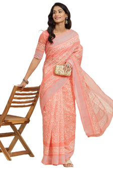 Pink printed linen saree with blouse