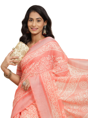 Pink printed linen saree with blouse 4