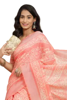 Pink printed linen saree with blouse