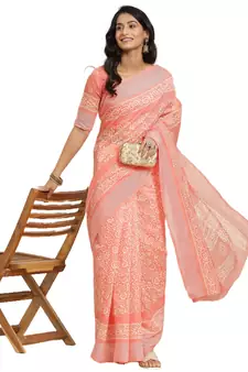 Pink printed linen saree with blouse