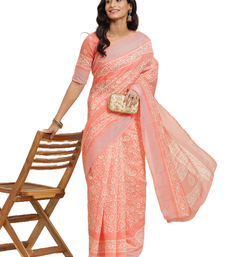 Pink printed linen saree with blouse