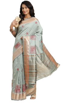 Blue embroidered cotton silk saree with blouse