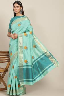 Sky blue embroidered cotton silk saree with blouse