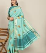 Sky blue embroidered cotton silk saree with blouse