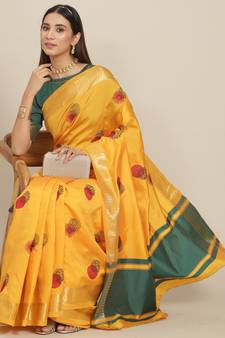 Yellow embroidered cotton silk saree with blouse