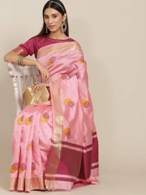 Pink embroidered cotton silk saree with blouse 1