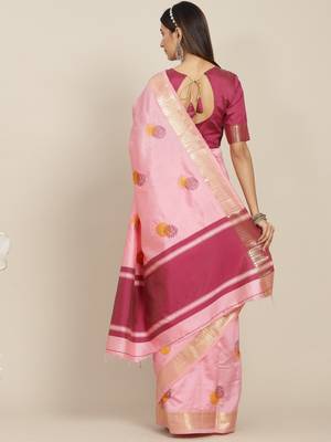 Pink embroidered cotton silk saree with blouse 3