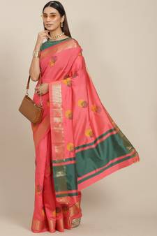 Pink embroidered cotton silk saree with blouse