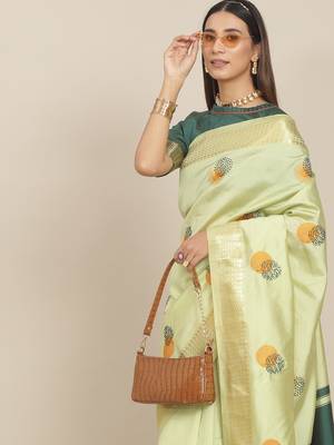 Green embroidered cotton silk saree with blouse 4
