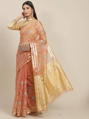 Orange embroidered organza saree with blouse 1