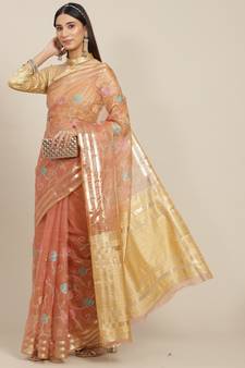Orange embroidered organza saree with blouse