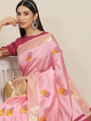 Pink embroidered cotton silk saree with blouse 8