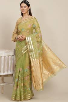 Green embroidered organza saree with blouse