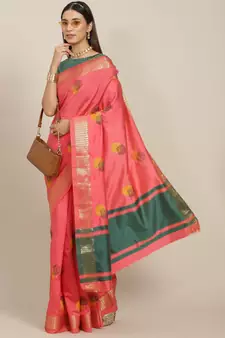Pink embroidered cotton silk saree with blouse