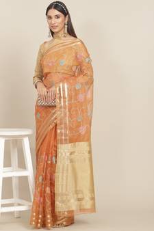 Orange embroidered organza saree with blouse