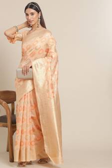 Peach printed banarasi silk saree with blouse