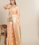 Peach printed banarasi silk saree with blouse