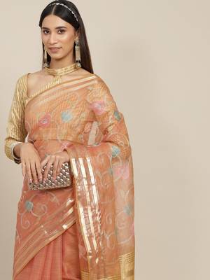 Orange embroidered organza saree with blouse 8
