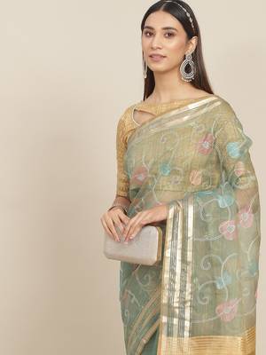 Sky blue embroidered organza saree with blouse 8